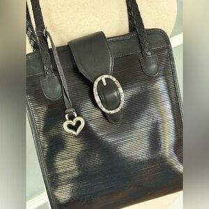 Brighton Black Leather Tote Bag Braided Strap Heart Charm Purse